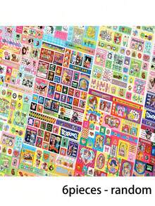 6张随机复古彩色卡通贴纸，可爱小狗+娃娃屋，美味甜点贴纸，适用于DIY剪贴簿 - 彩色 - 查看 14
