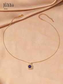 Hihho 1 chiếc vòng cổ mặt dây chuyền pha lê tím hình xương rắn vàng, mặt dây chuyền đá quý vuông sang trọng, vòng cổ bắt mắt để đeo hàng ngày và dự tiệc, trang sức cho mùa Giáng sinh - Màu tím - Xem 2