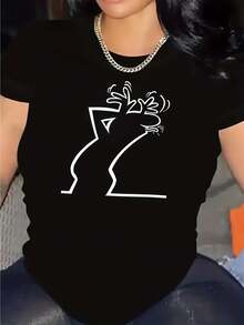 Camiseta Divertida De Dibujos Animados Impresa, Top Casual De Cuello Redondo Y Manga Corta Para Primavera Y Verano, Ropa De Mujer. - Oscuro - Ver 1