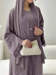 蕾丝边开衫套装，包含无袖衬里连衣裙和雪纺围巾 - 轻盈、优雅、透气，适合春夏穿着 - 淺灰紫 - 查看 4