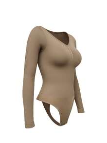 Suprenx 1pc Women's Long Sleeve Tummy Control Lift Bust Bodysuit - Khaki - View 3