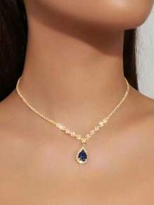 Dây chuyền mặt hình giọt nước Cubic Zirconia màu xanh navy cổ điển, Dây chuyền phong cách tiệc tùng thanh lịch dành cho nữ, Dây chuyền quà tặng tinh tế - màu xanh vàng - Xem 4