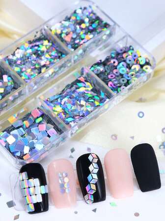 6 rejillas de lentejuelas geométricas holográficas plateadas para decoración de uñas, incluye formas redondas, triangulares, cuadradas y romboidales, accesorios DIY para manicura