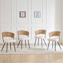 Rattan Dining Chairs Set Of 4,Farmhouse Upholstered Teddy Cushion With PE Cane Round Back Kitchen Chair,Mid Century Modern Dining Room Chair With Black Metal For Kitchen,White - 米色 - 查看 7