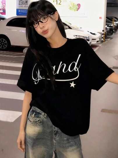 圆领短袖T恤，夏季新款字母印花，时尚休闲宽松女式上衣