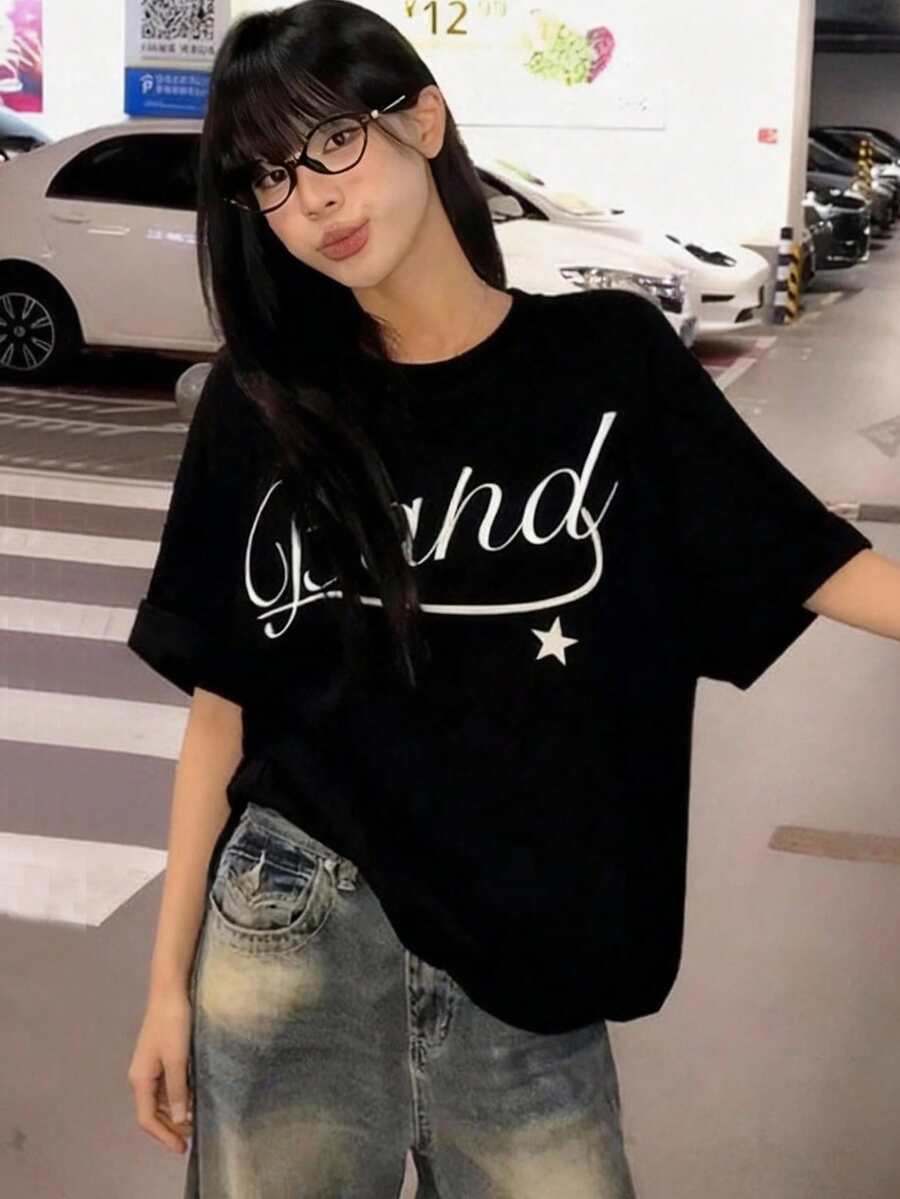 圆领短袖T恤，夏季新款字母印花，时尚休闲宽松女式上衣 - 黑色 - 查看 1