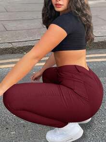 Apperloth A 加大高腰口袋拉链门襟纯色紧身裤音乐节