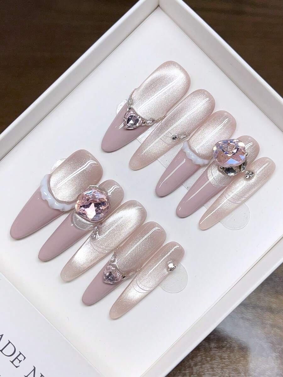 Móng giả thủ công nguyên chất, hình dáng oval dài, vẽ tay họa tiết mắt mèo màu hồng kiểu Pháp, móng tay cá nhân hóa cho mùa thu đông, móng giả chất lượng cao, móng giả phủ kín toàn bộ móng, móng kiểu Y2K, móng dán thủ công.