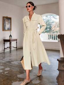 Women's Autumn New Fashion Lapel Zipper Front Long Sleeve Dress, Fashion Utility Dress, Suitable For Commuting, Work, Vacation, Weekend Outings - Apricot - View 1