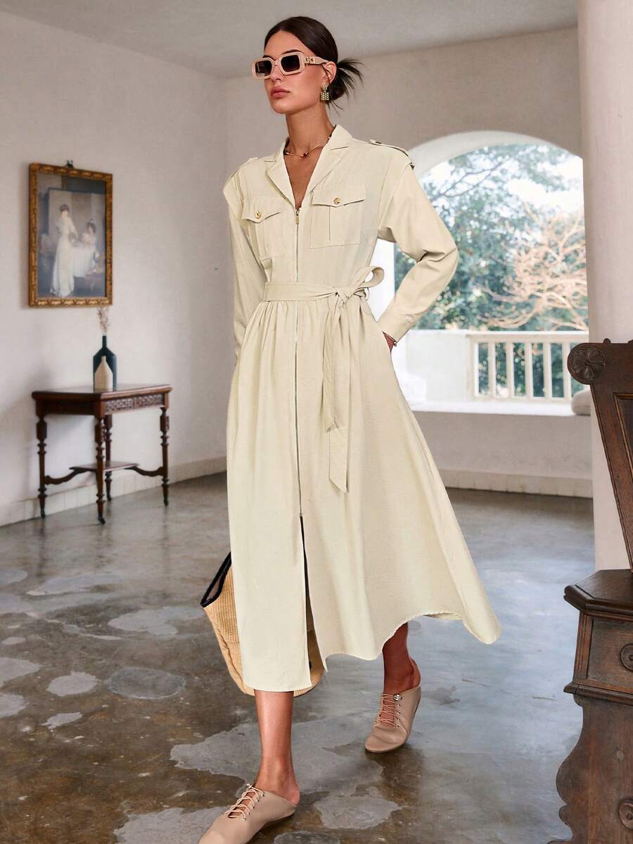 Women's Autumn New Fashion Lapel Zipper Front Long Sleeve Dress, Fashion Utility Dress, Suitable For Commuting, Work, Vacation, Weekend Outings - Apricot - View 1
