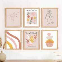 6 Pieces Boho Wall Art Abstract Lines Canvas Poster Coral Flowers Print Pictures Face Butterfly Wall Paintings Rainbow Art Prints Nordic Wall Posters Living Room Decoration No Frame