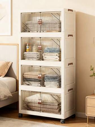 1pc (38cm-58cm Wide) Foldable Plastic Double Door Storage Cabinet, Collapsible Wardrobe, Home Portable Closet, Living Room Toy Cabinet, Snack Cabinet, Kitchen Storage Cabinet, Christmas & Halloween Gift, Bathroom Tissue Box, Bedroom Floor Rack, Collapsible Shoe Rack