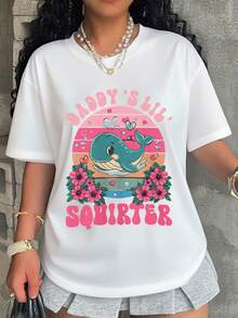 Daddy S Lil Squirters Cute Whale Graphic T Shirt For Women Girls Summer Fashion  Pastel Design With Flowers And Hearts Unisex Oversized Tee For Beach Vacation Party Gift - 白色 - 查看 1