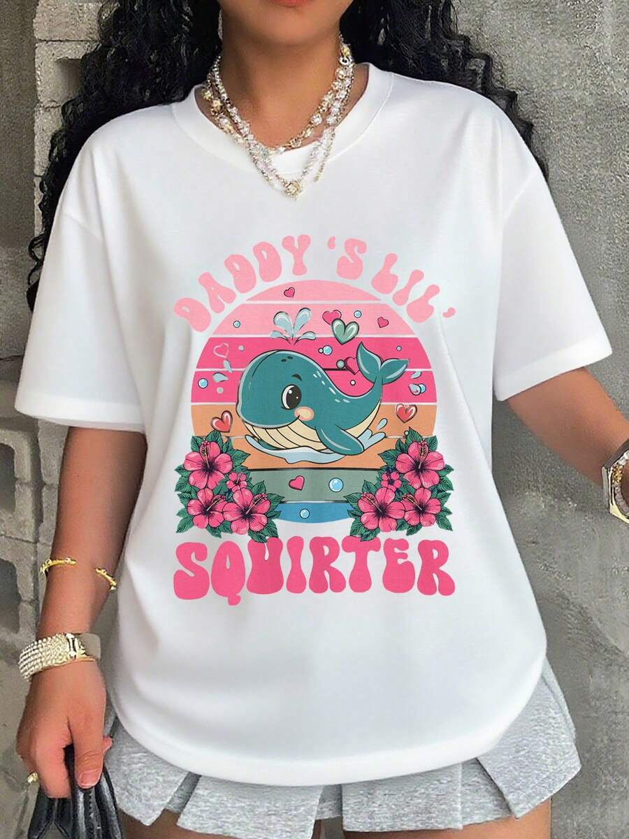Daddy S Lil Squirters Cute Whale Graphic T Shirt For Women Girls Summer Fashion  Pastel Design With Flowers And Hearts Unisex Oversized Tee For Beach Vacation Party Gift - 白色 - 查看 1