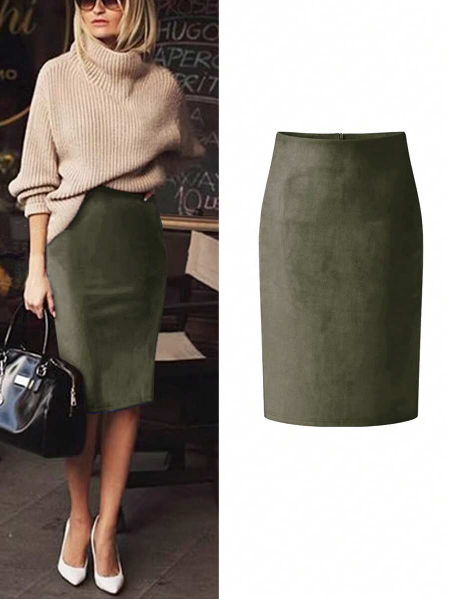 Women's Elegant Commuter Deer Velvet Zipper Versatile A-Line Skirt With Back Slit, Non-Stretchy, Winter - Army Green - View 1