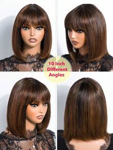 QVR QUEEN VIRGIN REMY QVR Black & Brown Mixed Straight Bobbed Wig With Bangs, Mini Lace Bobbed Bangs Wig, Clip-In And Ready To Wear, No Glue Needed, Suitable For Beginners - S1/30 - View 3