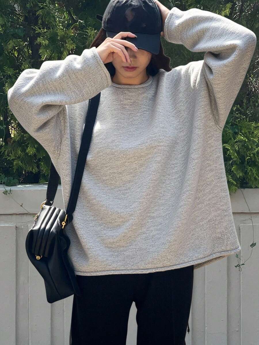 DAZY 女士纯色船领落肩休闲针织套头毛衣,秋冬季 - 灰色 - 查看 1