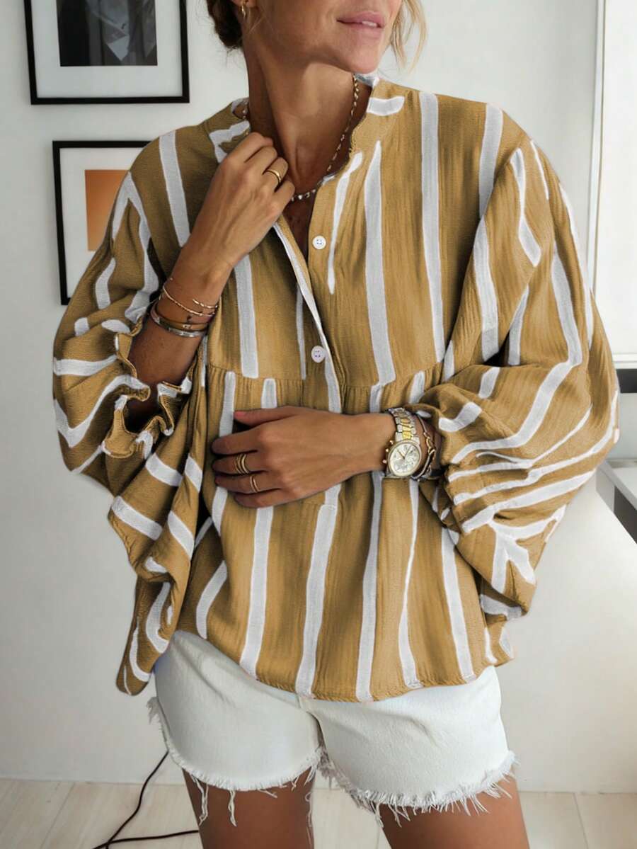 Women Casual Vacation Shirt, Retro Nostalgic Style Button Down Collared Blouse, Loose Fit, V-Neck, Ruffle Cuff, Striped Pattern, Versatile For Commute And Leisure, Spring/Summer - Yellow - View 1