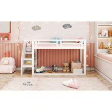 Children's Bed 90*200cm, Low Bunk Bed With Ladder, Solid Wood Bed Frame With Slatted Sides, White - White + Solid Wood - View 6