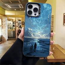 Cubierta de telefono con diseño de paisaje invernal azul con ciervo y figura humana para iPhone 14 Pro Max protector resistente a golpes con estampado artístico ideal para uso diario en cafeterías y exteriores - Negro - Ver 4