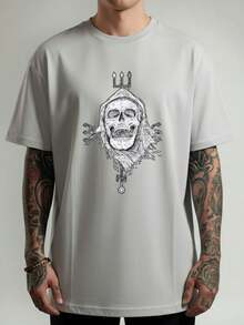 Unisex Streetwear Style T-Shirt With Skull, Crayon, Cloak And Trident Print - Stylish Men's And Women's Shirt - 100% Cotton - Free Shipping On - 淺灰色 - 查看 1