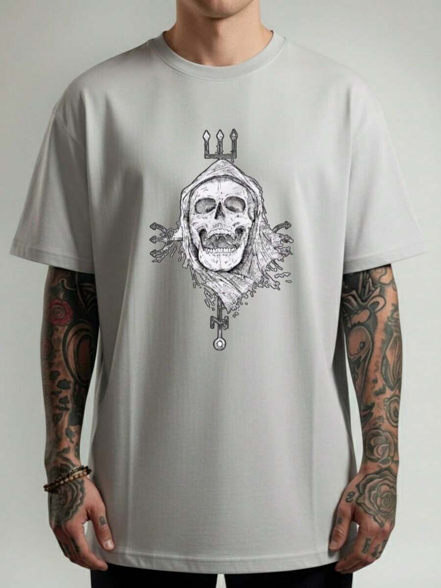 Unisex Streetwear Style T-Shirt With Skull, Crayon, Cloak And Trident Print - Stylish Men's And Women's Shirt - 100% Cotton - Free Shipping On - 淺灰色 - 查看 1