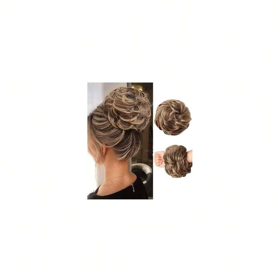 Messy Bun Hair Piece Hair Bun Wavy Curly Scrunchies Chignon Ponytail Hair Extensions Fake Hair Bun Extensions Synthetic Tousled Updo Hairpieces For Women(Light Brown Mix Blonde),LightBrownMixBlonde - 淺棕色混金色 - 查看 1