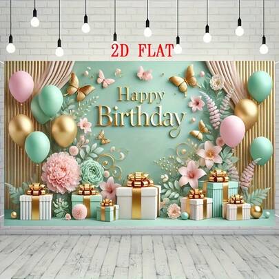 2D Flat Banner, An Elegant Birthday Party Backdrop Featuring Mint Green And Gold Floral Patterns, Adorned With Gift Box Decorations, Made Of Polyester Material, Suitable For Celebrations In Any Season, No Electricity Needed, Perfect For Gardens And Entryways.