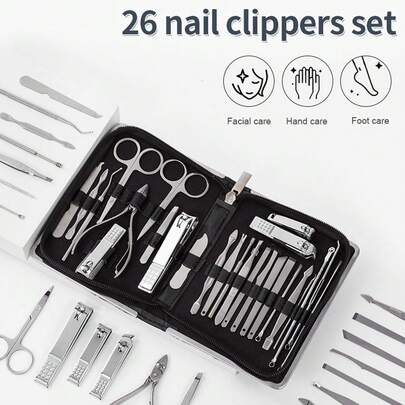 26合1专业修甲美足套装，男女通用，高品质不锈钢材质，带收纳盒，包含指甲锉、镊子和指甲钳，适合居家旅行使用，美容工具套装，便携轻巧。