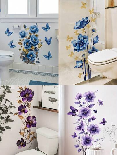 Blue Flower Wall Sticker Floral Gold Butterfly Wall Decals Peel And Stick PVC Self-Adhesive Removable Peony Wall Sticker Decor Removable Peonies Bouquet Wall Murals With Butterflies For Girls Bedroom Living Room Bathroom Hallway Door Office Wall Decor