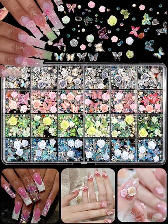 8000pcs/24-Grid Box Set, 3D Rose Buds + Pearl Rhinestones + Colorful Butterflies, Nail Art Charms, Nail Rhinestones Kit, DIY For Nails, Hair Accessories, Cups, Phone Cases, Bags And Other Decorations