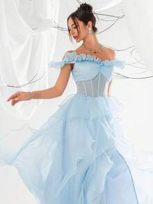 VIPGIRL Light Blue Mesh Ruffle Mermaid Maxi Dress For Women - Baby Blue - View 6