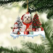 Talataca Havanese con árbol de pino de Navidad, muñ de nieve, regalo 2D plano espejo retrovisor para coche, accesorios para árbol de Navidad, decoración colgante interior retrovisor(default) - Multicolor - Ver 2