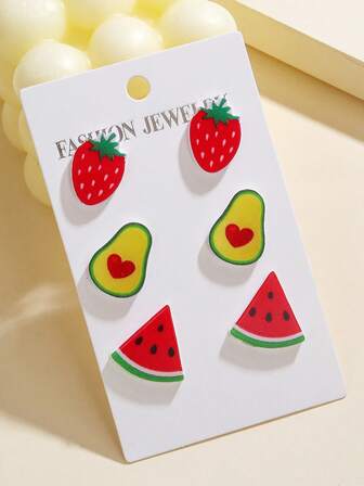 3件套女士卡通水果系列草莓、牛油果、西瓜耳钉，创意可爱水果系列亚克力耳环，女士时尚饰品耳环，日常佩戴配饰