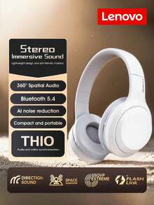 Lenovo 联想头戴式无线蓝牙耳机，有线/无线双模，游戏耳机，重低音，运动耳机，带降噪功能，兼容iPhone和安卓手机 - 白色 - 查看 1