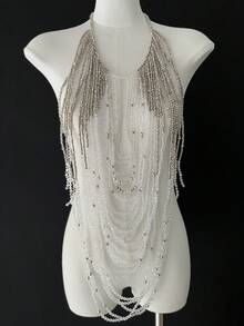 DEKUNER Collier de corps à perles multibrins pour femmes, couleur cristal argent-blanc, style élégant convenant pour les vacances, les occasions décontractées, les fêtes et autres événements - Argent - Voir 1