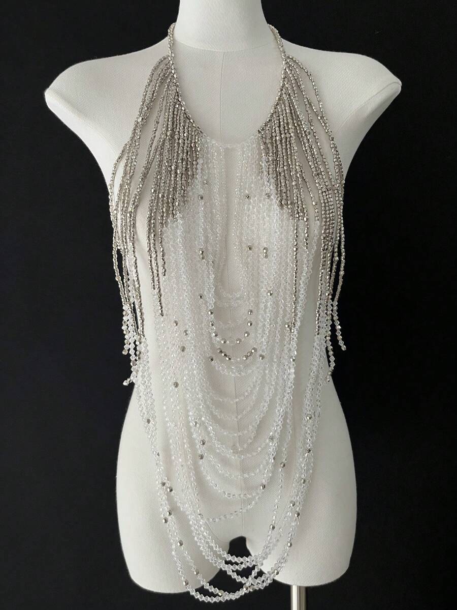 DEKUNER Collier de corps à perles multibrins pour femmes, couleur cristal argent-blanc, style élégant convenant pour les vacances, les occasions décontractées, les fêtes et autres événements - Argent - Voir 1