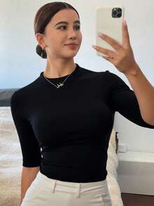 Livesso Women Plain Crew Neck Casual Top, Daily Wear - Black - View 4