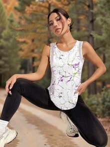 大码女式夏季新款白色碎花印花健身运动背心，轻盈速干瑜伽无袖运动衫，宽松罩衫女式网眼拼接露背背心，透气健身运动服女式运动T恤，女式万圣节图案T恤 - 白色 - 查看 4