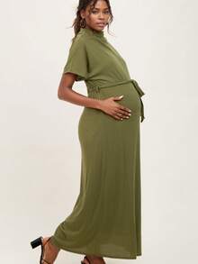 Maternity Elegant Casual Solid Color Knit Fabric Belt Short Sleeve Formal Evening Dress, Spring/Summer - Army Green - View 3