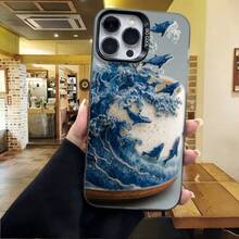 Cubierta de telefono con diseño de olas azules y ballenas estampadas en tonos blancos y azules para iPhone 14 Pro Max estilo artístico elegante ideal para uso diario en cafeterías y salones - Negro - Ver 4