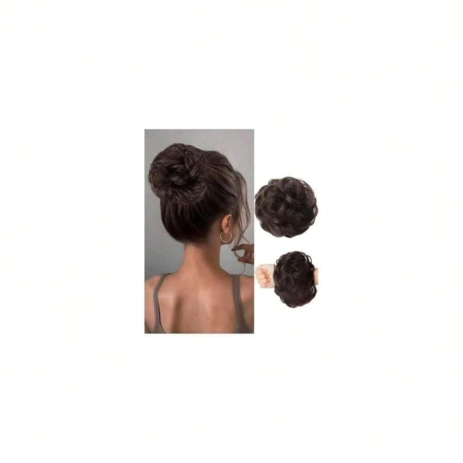 Messy Bun Hair Piece Hair Bun Wavy Curly Scrunchies Chignon Ponytail Hair Extensions Fake Hair Bun Extensions Synthetic Tousled Updo Hairpieces For Women(Dark Brown),DarkBrown - 深棕色 - 查看 1