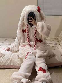 1件可爱兔耳红色蝴蝶结连帽浴袍,珊瑚绒卡通风格浴袍 - 冬季保暖珊瑚绒卡通动物连帽浴袍,带大口袋和袖口的连帽浴袍,情人节礼物长袖保暖加厚纽扣休闲家居服套装,女士睡衣套装,秋冬 - 彩色 - 查看 3