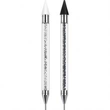 Rhinestone Picker Dotting Pen, Dual-Ended Rhinestone Gems Crystals Studs Picker Wax Pencil Pen Crystal Beads Handle Manicure Nail Art DIY Decoration Tool (Black White) - 2pcs - 查看 3