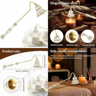 Apagador de velas de metal con mango giratorio, extintor de velas clásico único en forma de flor, vidrio sintético fácil de usar, amortiguador de llama decorativo para amantes de las velas,(Dorado)