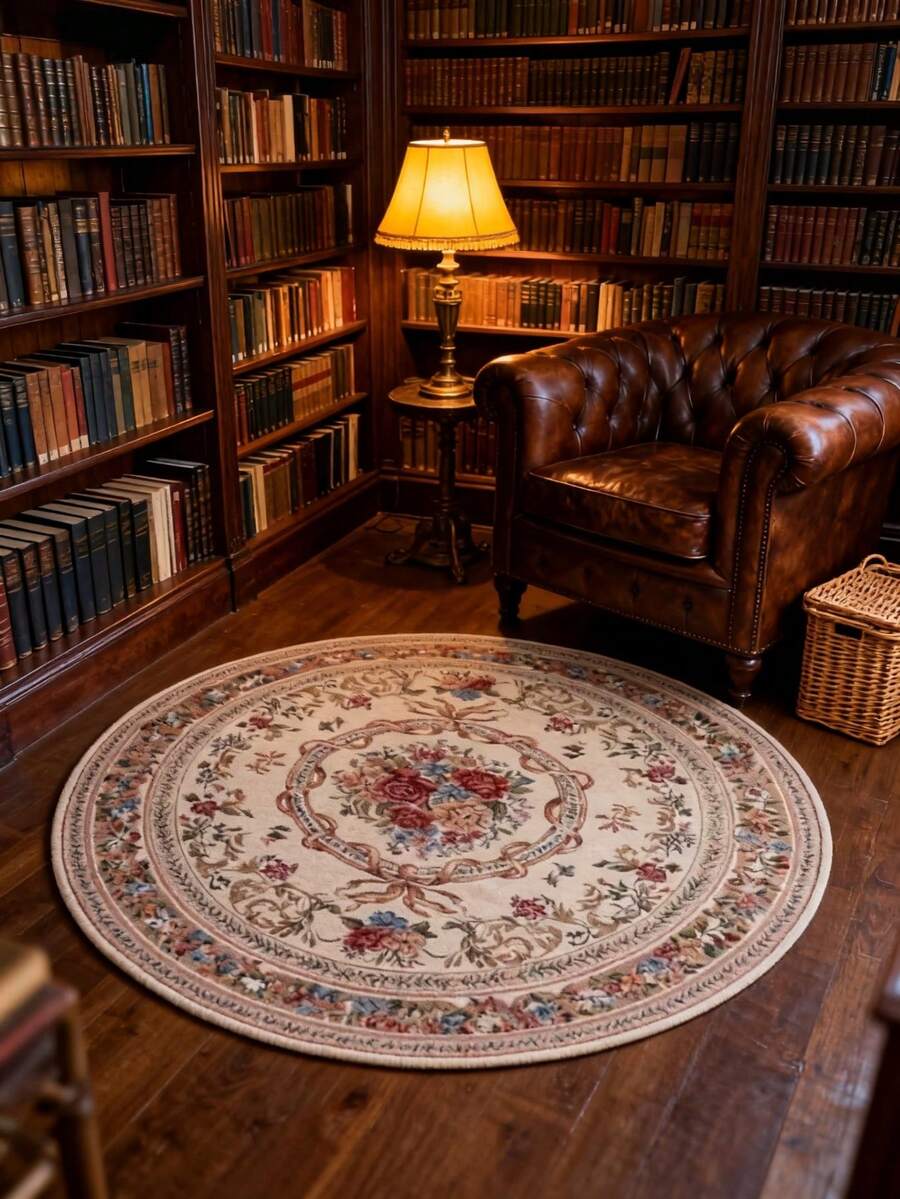 1pc Vintage Floral Round Area Rug, Rose Flower & Vine Pattern, Elegant & Cozy, Multiple Sizes Available, Soft Plush Material, Decorative Carpet For Bedroom, Living Room, Home Decor, Washable, Suitable For Autumn/Winter