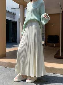 百搭柔软褶皱A字裙，高腰，飘逸，厚面料，2025秋冬新品 - 米色 - 查看 7