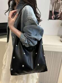 Korean Style Minimalist Casual PU Tote Bag Set, Autumn/Winter Retro Multifunctional Shoulder Tote Bag, Includes Coin Purse/Diaper Bag - Black - View 5