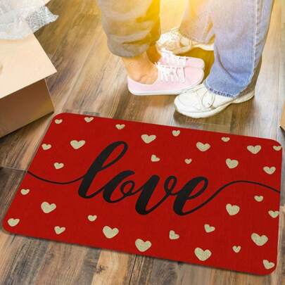 1 pieza Felpudo con forma de corazón romántico para el Día de San Valentín - Lavable a máquina, tapete de poliéster de 0.47 pulgadas de grosor, base antideslizante, adecuado para decoración del hogar y la cocina, rojo festivo con diseño de corazón dorado, decoración del Día de San Valentín