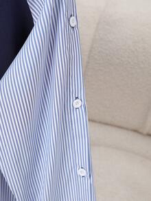 1pc Striped Patchwork Contrast Color Ribbed Button Women Blouse, Daily Wear, Spring/Autumn, White, Black, Blue, Pink, Green, Yellow - Navy Blue - View 4